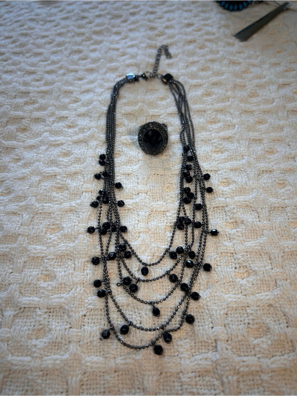 Black Multi-Strand Beaded Necklace and Ring Set